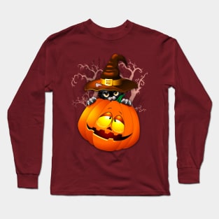 Halloween Kitty Cat with Witch Hat and a Halloween Pumpkin Long Sleeve T-Shirt